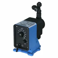 Compact solenoid-driven diaphragm metering pump with PVDF head, CSPE/PTFE diaphragm, and PVDF fittings. Operates on 115V AC with 1/5 hp motor, ceramic check ball, PTFE seals, and ±3.0% reproducibility. Suitable for precise chemical dosing in water treatment and industrial processing.