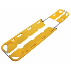 Aluminum scoop stretcher with polypropylene straps, rated for 350 lb maximum weight. Measures 63 1/2 inches long by 18 inches wide. Non-foldable design for patient immobilization and transfer in emergency medical and industrial first aid settings.