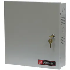 This power supply board with steel enclosure provides 24 VAC at 12.5 A from a 115 V AC input. It features 16 fuses for multiple output circuits. Suitable for centralized power distribution in security, access control, and automation systems.