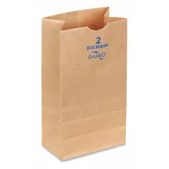 Kraft paper grocery bag with dimensions 4 1/3 in width, 2 5/12 in depth, and 7 11/12 in height. Supplied in a pack of 400. Suitable for general-purpose packaging and transport of lightweight items.