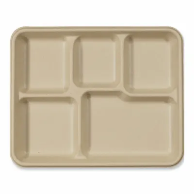 WORLD CENTRIC Food Trays: 5 Compartments, 1 in Ht, 8 1/4 in Wd, 10 1/4 in Lg, Microwave Safe - Fiber Cafeteria Trays