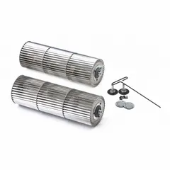 Forward-curved crossflow blower wheel with 4 1/2 in diameter and 1/4 in bore. Constructed of aluminum with convex, tabbed design. Suitable for clockwise or counterclockwise rotation. Includes two bearings/shaft assemblies. Used in air curtain and ventilation systems for commercial and industrial doorways.