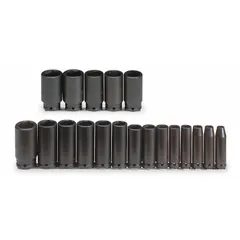 This 19-piece SAE impact socket set includes sockets from 3/8 in to 1-1/2 in with a 1/2 in drive. The black oxide finish provides corrosion resistance. Suitable for use with impact wrenches in automotive, industrial, and construction applications.