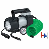 This 12V tire inflator features a metal housing and delivers up to 150 psi. It includes multi-purpose air adapters for inflating tires and other inflatables. Suitable for automotive, fleet, and equipment maintenance where portable 12V power is available