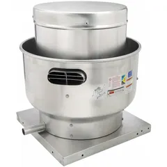 Belt-drive centrifugal upblast fan for roof or wall mounting in high-static-pressure kitchen exhaust applications. Unassembled unit with 11 3/8 in wheel, square base, and less drive package. Airflow range 323 cfm to 1,014 cfm.