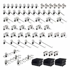 This assortment includes 60 stainless steel hooks with a brushed finish, designed for surface mounting on square-hole pegboard. Each hook features a locking clip to secure tools and equipment. Suitable for organizing workspaces in industrial or commercial environments.