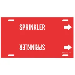 Strap-on pipe marker for sprinkler system identification. Red background with white legend and directional arrows. Fits pipe outer diameters from 6 to 7-7/8 inches. Supplied as a single marker.
