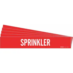 Red adhesive pipe marker with white legend reading 'Sprinkler' for identifying sprinkler piping systems. Fits pipe outer diameters from 2-1/2 to 7-7/8 inches. Pack of 5 markers, each without arrows. Suitable for use in commercial and industrial facilities to label pipe contents.
