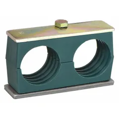 Steel clamp with polypropylene cushion for securing two parallel lines. Ribbed bore provides vibration dampening and grip. Used in industrial machinery for hydraulic tubes or pneumatic pipes.