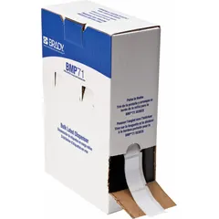 Polyester, white gloss label roll with 1,000 precut labels per roll. Each label measures 2 in x 2 in. Compatible with BMP71 printer series. Used for industrial identification, asset tracking, cable marking, and component labeling.