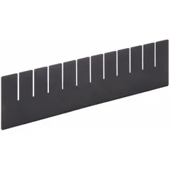 This black plastic divider is designed for use with the LEWISBINS DC2050-XL container. It measures 15 1/4 inches by 4 1/2 inches and helps organize and separate components within the bin, reducing part mixing and maintaining ESD-safe conditions in electronics assembly or manufacturing environments.