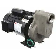 Self-priming centrifugal pump with 1-1/2 to 3 HP motor, 115/230V AC, TEFC enclosure, 50 ft maximum head, and 1-1/2 inch compatible intake and discharge. Suitable for water transfer, dewatering, and irrigation in industrial and agricultural applications.