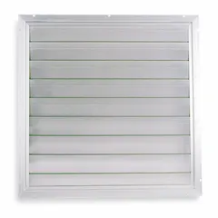 Universal-mount backdraft damper with single-panel flat blades, designed to prevent reverse airflow in ventilation systems. Measures 50 3/4 inches in height and width, supports horizontal airflow in vertical mounting positions, and handles maximum air velocity of 2250 fpm. Suitable for use with a 48-inch fan in industrial exhaust or intake applications.