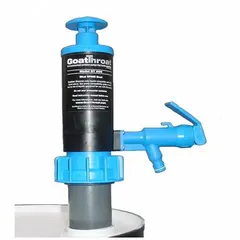 Piston-action down-stroke drum pump with polypropylene housing and Santoprene seal. Delivers 48 oz per stroke through a spout for controlled dispensing. Includes a polypropylene suction tube. Suitable for transferring non-corrosive fluids from drums or containers in industrial, agricultural, or maintenance applications.