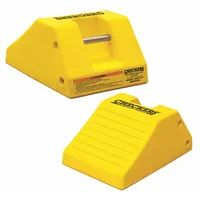 Urethane wheel chock for securing cranes, loaders, and small vehicles during loading, unloading, or maintenance. Overall length 21 1/2 in, width 14 1/2 in. Prevents unintended movement on flat or slightly inclined surfaces