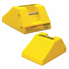 Urethane wheel chock for securing cranes, loaders, and small vehicles during loading, unloading, or maintenance. Overall length 21 1/2 in, width 14 1/2 in. Prevents unintended movement on flat or slightly inclined surfaces.