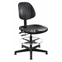 This armless drafting chair from BEVCO features a black nylon frame and a tilting back. The seat measures 19 1/4 inches wide and 17 1/2 inches deep, constructed from plastic material. Suitable for use at drafting tables or elevated workstations in design and technical environments