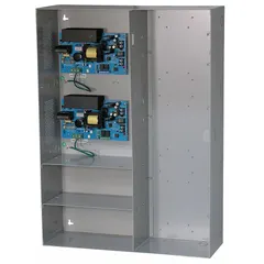 Steel-enclosed power supply board converting 115V AC input to selectable 12VDC/6A or 24VDC/6A output, with a maximum capacity of 12A. Used in access control, security, and industrial control systems to power devices such as cameras, locks, and sensors.