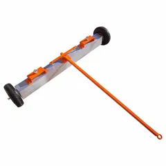 This push-type magnetic sweeper collects ferrous metal debris such as nails, screws, and shavings from floors, parking lots, and warehouses. It features a 48-inch magnet length and 4-inch magnet height, with a lever-type magnetic release for easy debris drop-off. Includes eyebolts for towing and rubber components for floor protection.