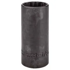 This 1/2" drive impact socket features a 1-1/8" SAE size, 12-point deep configuration, and 3-1/4" overall length. Designed for high-torque fastening in industrial and automotive applications, its deep profile accommodates extended bolt threads. The black oxide finish provides corrosion resistance.