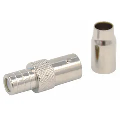 Female BNC connector with silver finish, designed for crimp-on (2 piece) termination. Sold in a 10-pack. Used for terminating coaxial cables in video surveillance, broadcast, and data networking systems.