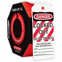 Polyolefin tag with 'Danger: Locked Out Device' legend in English. Includes writable fields for notes, date, and signature. Used in lockout/tagout procedures to warn personnel that a device is locked out during maintenance or servicing