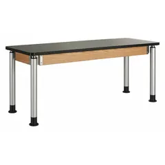 This adjustable-height lab table features a laminate countertop with an oak finish. The height adjusts from 27 to 39 inches to accommodate various tasks. With a 500 lb load capacity, it is suited for laboratory environments requiring a sturdy work surface for equipment and experiments.