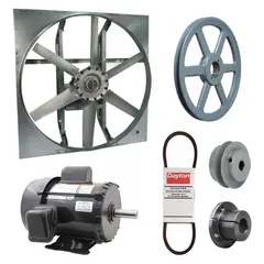 Unassembled belt-drive panel exhaust fan with drive package. Features a 54-inch blade, 2 hp motor, and 29,332 cfm airflow at 115/230V AC single-phase. Constructed with a zinc-plated steel frame and cast components. Motor is totally enclosed fan-cooled with Class F insulation. Suitable for high-volume air movement in industrial and commercial ventilation applications.