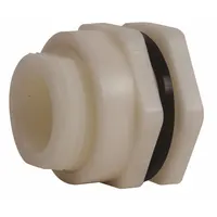 This polypropylene through-wall fitting is designed for bulkhead tank installations requiring a leak-proof seal. It features a 1 1/4 in female NPT threaded connection and includes an EPDM gasket. Commonly used in fluid handling systems where corrosion resistance is needed