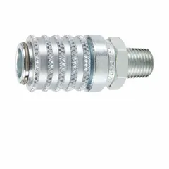 Steel male NPTF quick-connect coupling body for hydraulic systems. Thread size 1/4"-18, maximum flow rate 0.8 g/min, temperature range -40 to 250 °F. Suitable for fluid transfer in industrial machinery and mobile equipment.