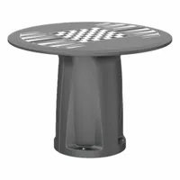 This cylinder base table features a 42-inch overall diameter and includes a game top. Constructed of black polyethylene, it accepts ballast for stability. Suitable for break rooms, patios, or hospitality areas