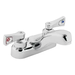 This MOEN M-Dura centerset bathroom faucet features a chrome finish and brass construction. It has a low arc spout and lever handle, with a flow rate of 1.2 gpm. Suitable for standard three-hole bathroom sinks.