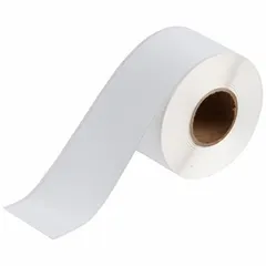 Polyester continuous label roll with white matte finish for indoor use. Inkjet print-receptive material compatible with J2000 printer series. Dimensions: 2 1/4 in x 100 ft. Used for industrial labeling applications requiring durable, permanent labels.