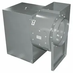 This belt-drive utility exhaust blower is designed for commercial kitchen ventilation and general industrial air-moving applications. It handles grease-laden air, smoke, and heat extraction. The less-drive-pack configuration allows selection of a compatible motor and pulley set for specific airflow requirements.