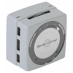 Remote reset pneumatic thermostat for dual-temperature HVAC control. Features 3 high-volume pipes with direct action at 16 psig and reverse action at 25 psig. Temperature range 65° to 85°F. Mounts horizontally or vertically; cover not included.