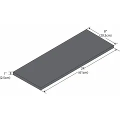 This lab shelf component is constructed from phenolic material with a black finish. It measures 24 inches in length, 8 inches in width, and 1 inch in height. Suitable for use in laboratory workstations, cleanrooms, and testing environments for organizing tools, instruments, and samples.