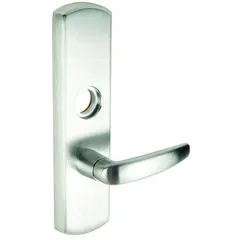 This silver lever trim is designed for use with exit push bars on commercial doors. It features a lever outside trim type and lever exit device style. Not ADA compliant.