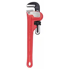 Straight pipe wrench with serrated jaws and I-Beam handle, designed for gripping and turning pipes and fittings. Cast iron construction provides strength for heavy-duty use in plumbing and mechanical applications.