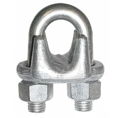 Cast malleable iron U-bolt clip for wire rope terminations. Silver finish. Compatible with 3/8 in rope diameter; 6-1/2 in rope turnback length. Used in rigging and lifting applications to form eyes or secure rope ends.