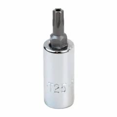 This Security Torx Bit Socket features a 1/4 in drive and a T25 Torx tip. The replaceable insert allows for extended tool life. It is used for driving or removing Torx fasteners, including security types with a center pin, in applications such as automotive, electronics, and industrial maintenance.
