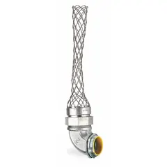 This liquid-tight conduit fitting provides strain relief and a 90° insulated elbow for routing electrical wiring in wet or hazardous locations. It features a 2-1/2 in MNPT connection and 9-3/4 in mesh length, constructed with steel and stainless steel. Suitable for use in areas requiring Class I, Division 2 rated equipment.