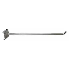 Set of 5 single rod hooks for square-hole pegboards. Made of steel with a zinc-plated silver finish. Each hook features a screw-in locking system and includes a black holding clip for secure item retention. Suitable for organizing tools and equipment in workshops, garages, and retail displays.