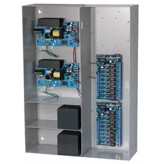 This power supply board with steel enclosure operates on 115V AC input and delivers 8PTC/12Dc at 19A maximum. It is designed for use in security, access control, and industrial automation systems requiring regulated power distribution.