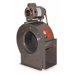 This belt-drive blower includes a drive pack and features a 1/2 hp, 115V AC, single-phase open dripproof motor with clockwise rotation. The open motor housing design is suited for clean, dry environments. Typical applications include industrial ventilation, exhaust, and air movement in commercial facilities.