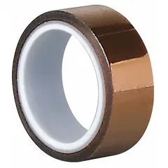 Polyimide film tape with silicone adhesive, gold color, 3/4 in width, 5 yd length, 2.7 mil thickness. Designed for high-temperature electrical insulation, masking during wave soldering, and protecting components in electronics manufacturing and coil winding.