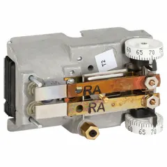 Pneumatic dual-temperature thermostat for commercial HVAC systems. Day/night operation with reverse action at 15 psig (day) and 20 psig (night). Temperature control range 55° to 85°F. Two-pipe high-volume air flow output. Horizontal mounting, no cover included.