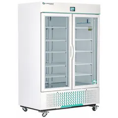 Upright pharmacy and vaccine refrigerator with 49 cu ft capacity, white finish, and swing glass door. Maintains temperature range of 1°C to 10°C, uses R-290 refrigerant, and includes a door ajar alarm. Suitable for storing pharmaceuticals, vaccines, and lab samples in medical and laboratory settings.