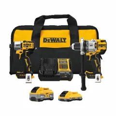 This 2-tool cordless combo kit includes a hammer drill and an impact driver, both powered by a 20 V battery system. The hammer drill is suited for drilling into masonry, while the impact driver provides high torque for driving screws and bolts. Batteries are included. Typical applications include drilling, fastening, and light demolition tasks in construction and maintenance.