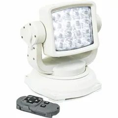 White LED spot light with permanent screw-mount installation. Controlled via handheld remote. Connects via blunt cut wires for direct wiring. Suitable for work-site illumination, search operations, or off-road lighting on trucks and service vehicles.