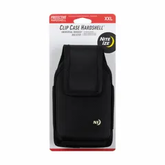 This black plastic clip case holds a cell phone in vertical orientation. It includes a holster and an interior pocket. The case is electrically insulated, suitable for environments where electrical isolation is needed.